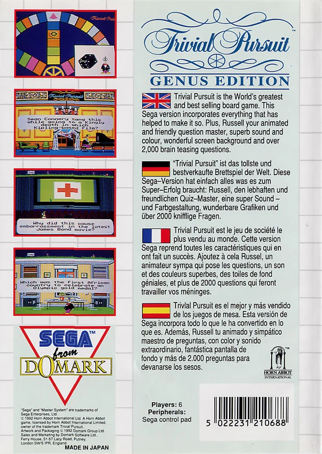 Contraportada europea de Trivial Pursuit: Genus Edition per a Sega Master System, amb captures i textos en quatre idiomes.