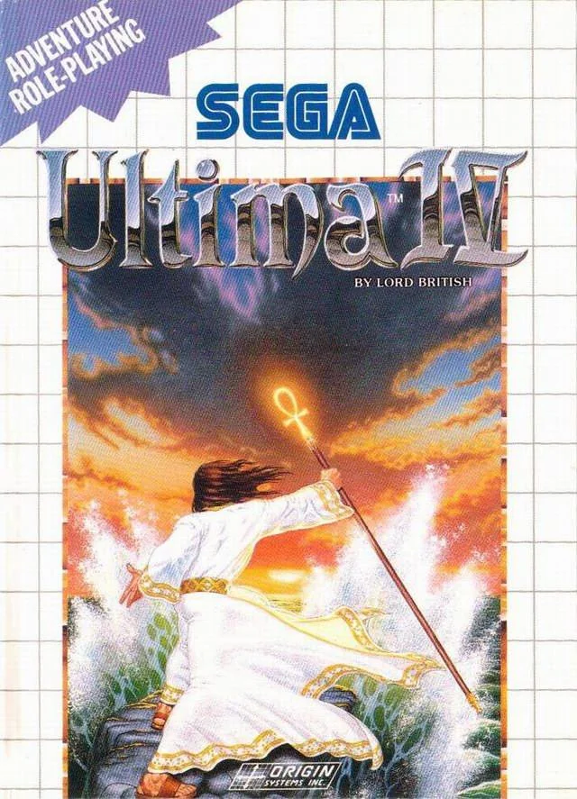 Portada europea d’Ultima IV per a Sega Master System, amb una figura blanca que sosté un bastó coronat per un ankh.