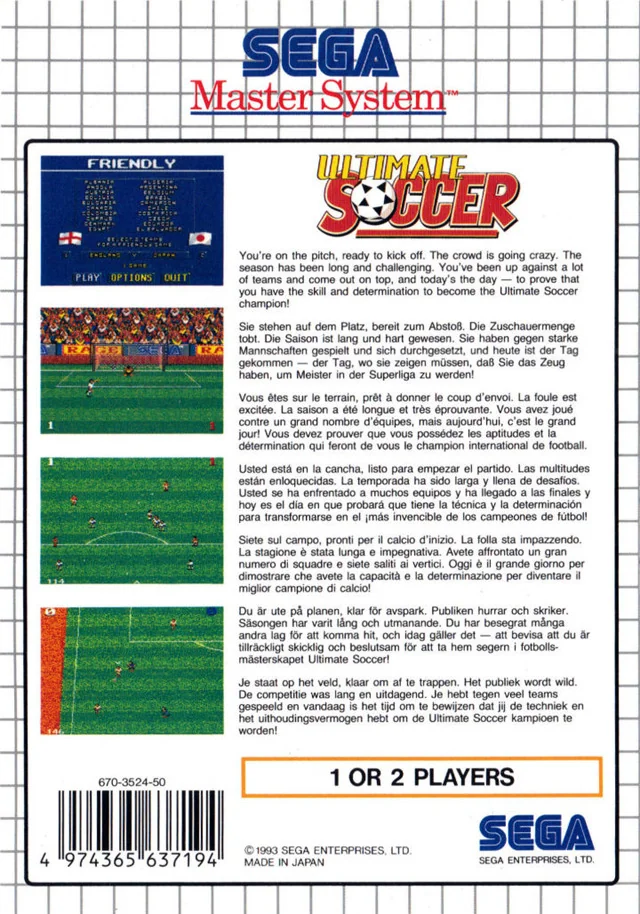 Contraportada europea d'Ultimate Soccer per a Sega Master System, amb captures del joc i textos multilingües.
