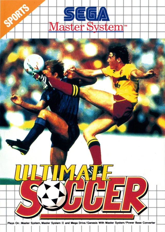 Portada europea d'Ultimate Soccer per a Sega Master System, amb dos futbolistes disputant la pilota.