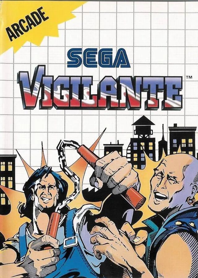 Portada europea de Vigilante per a Master System, amb dos combatents armats davant una ciutat.