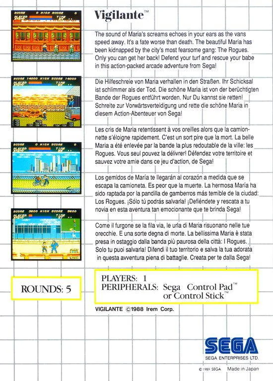 Contraportada europea de Vigilante per a Master System, amb quatre captures i textos en cinc idiomes.