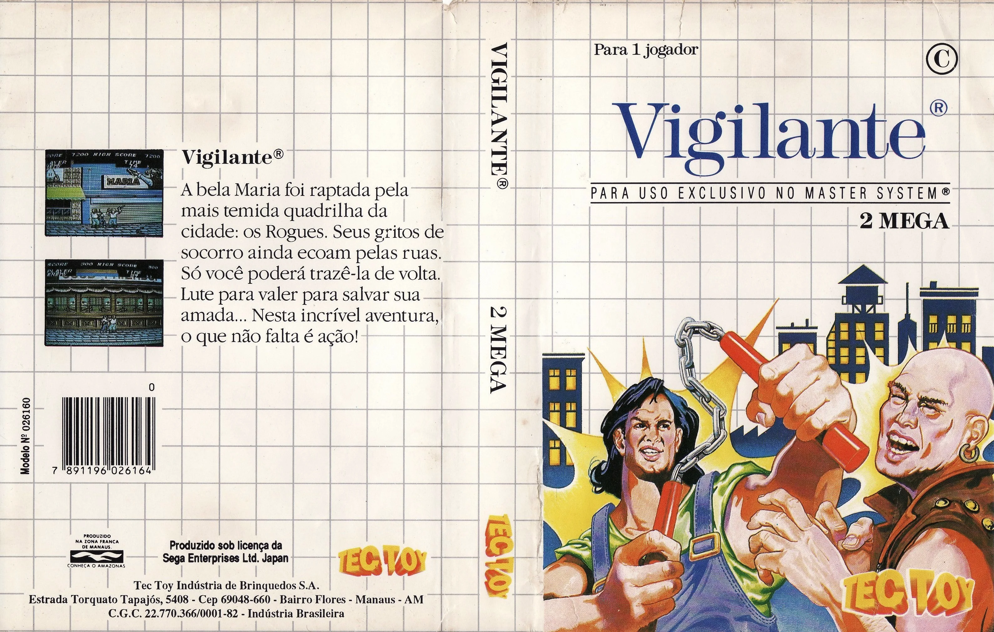 Caràtula brasilera completa de Vigilante, amb la marca Tec Toy, la indicació de capacitat i dues captures al revers.