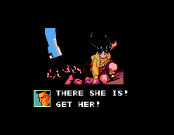 Escena narrativa on diversos personatges encerclen Pai i apareix el text «THERE SHE IS! GET HER!».