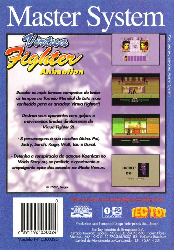 Contraportada brasilera de Virtua Fighter Animation per a Master System, amb text portuguès i captures del joc.