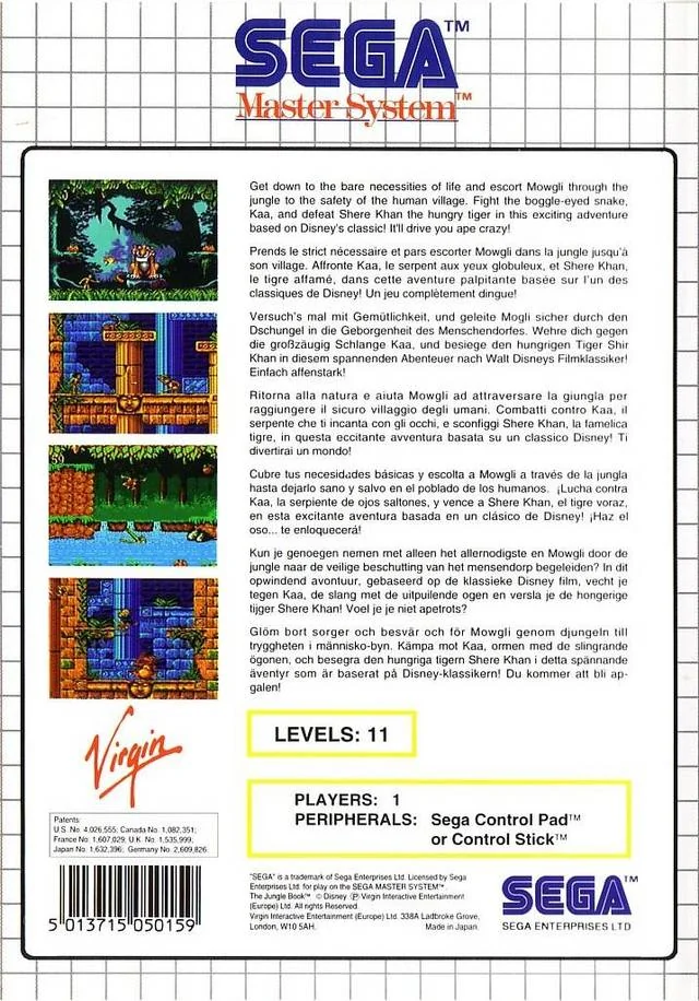 Contraportada europea de The Jungle Book per a Sega Master System, amb textos multilingües i quatre captures.