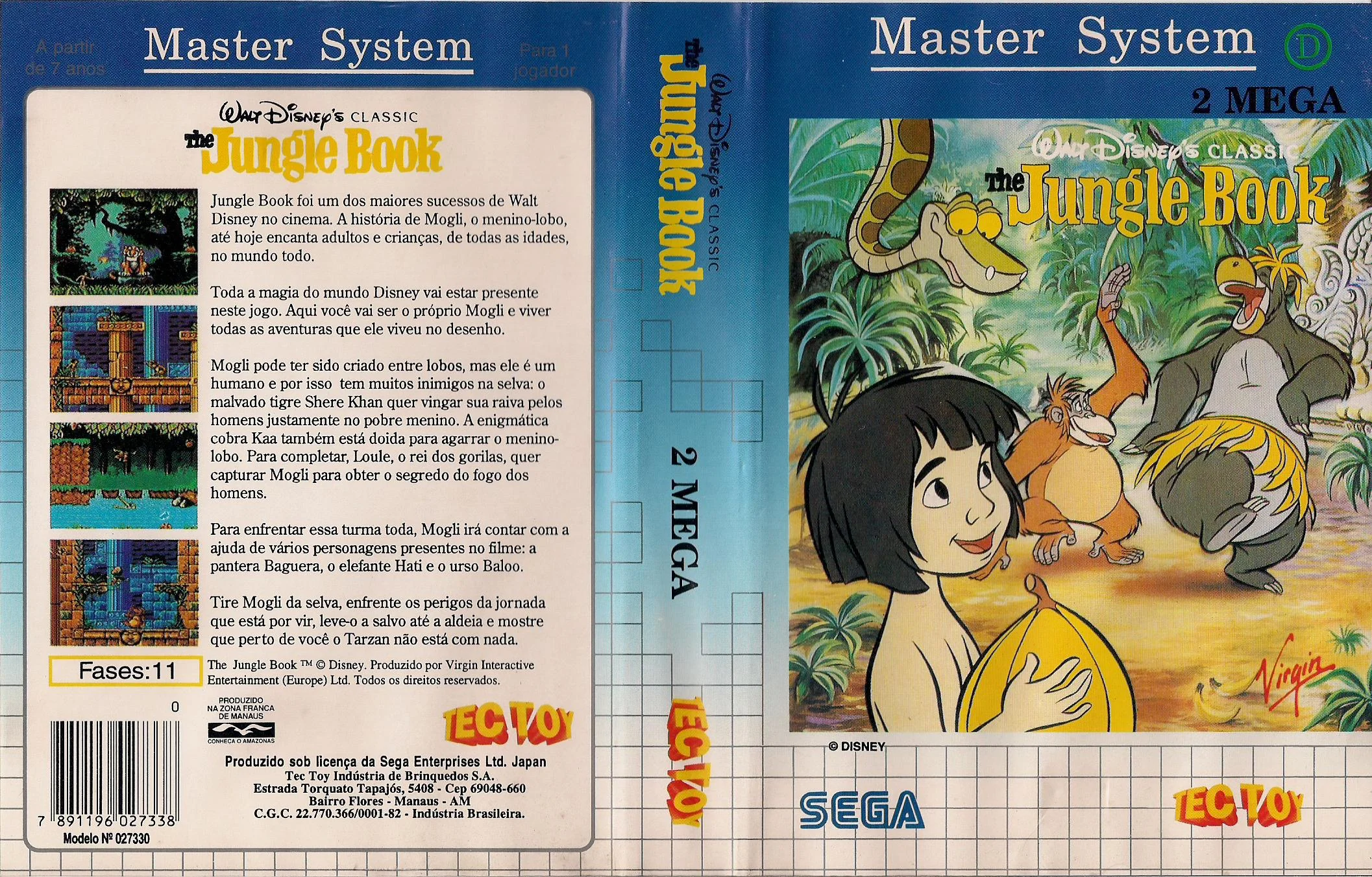 Caràtula brasilera desplegada de The Jungle Book, amb textos en portuguès, logotips de Tec Toy i indicació de fabricació a Manaus.