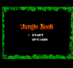 Pantalla de títol de The Jungle Book amb les opcions START i OPTIONS dins una sanefa de fulles.