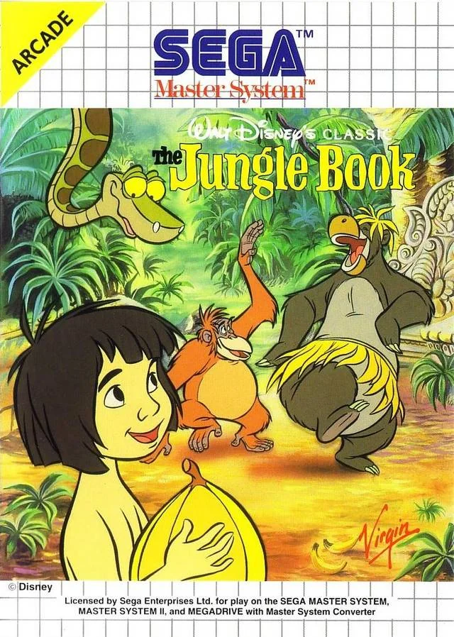 Portada europea de The Jungle Book per a Sega Master System, amb Mowgli, Baloo, Kaa i el rei Louie.