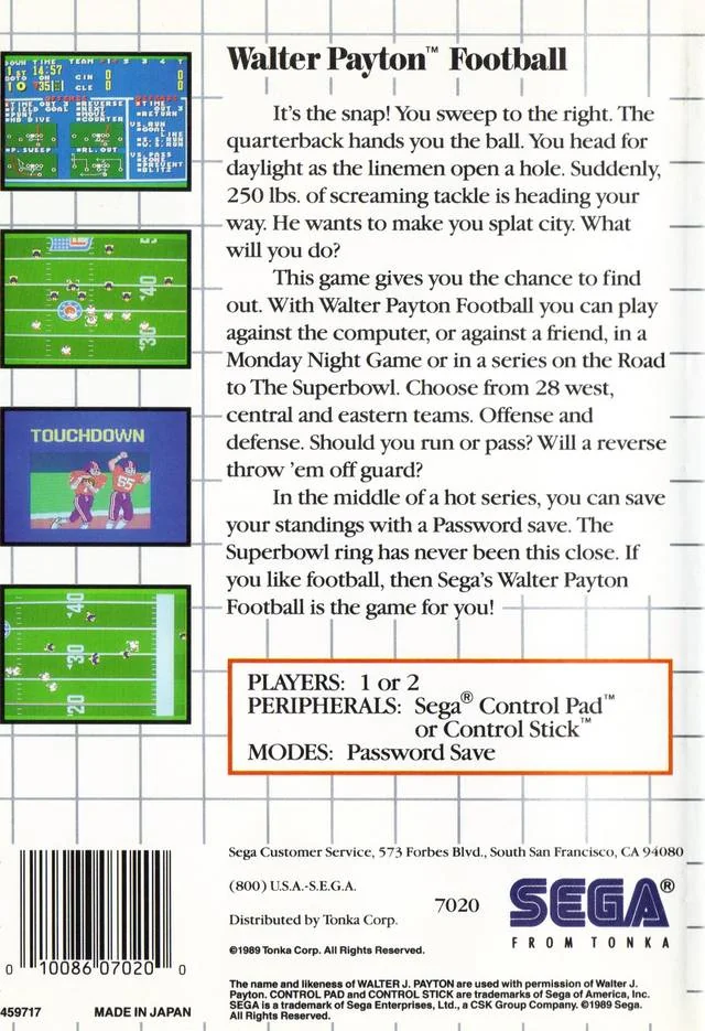 Contraportada nord-americana de Walter Payton Football amb text promocional, quatre captures i indicacions per a un o dos jugadors.