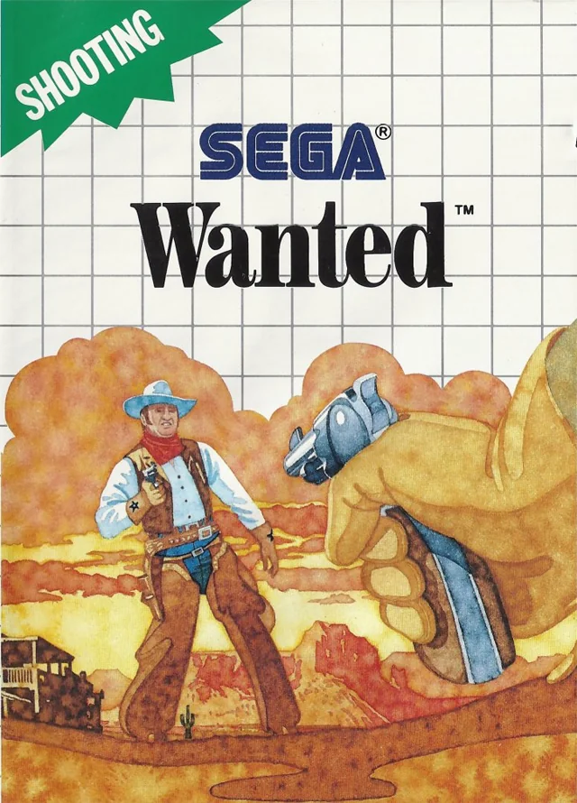 Portada nord-americana de Wanted amb dos pistolers enfrontats sobre la quadrícula blanca de Master System.