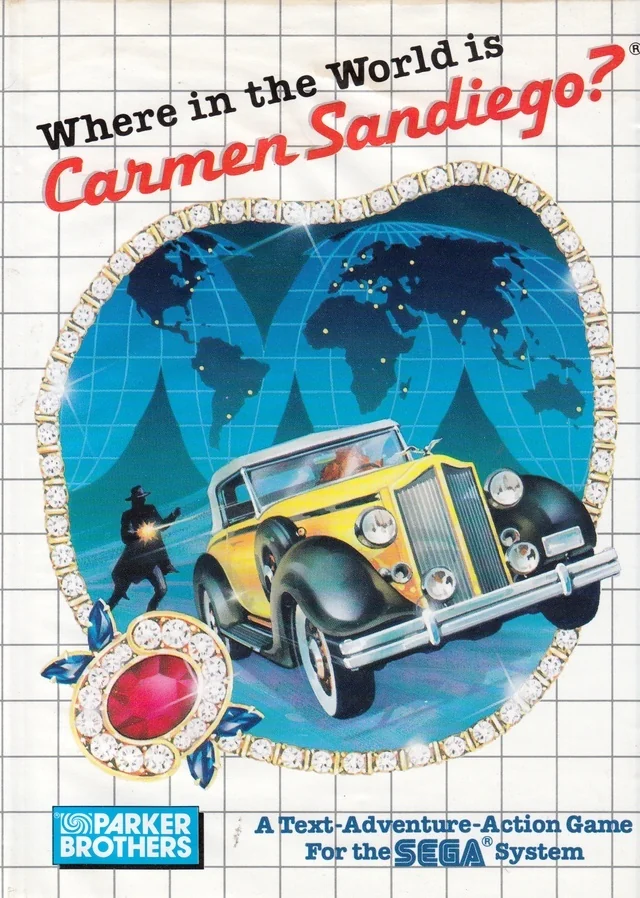 Portada nord-americana de Where in the World Is Carmen Sandiego? per a Sega Master System, amb un automòbil groc, un mapamundi i una joia vermella.