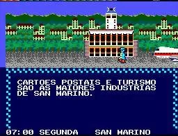 Partida brasilera en portuguès a San Marino, amb el detectiu davant d’un edifici i una pista escrita.