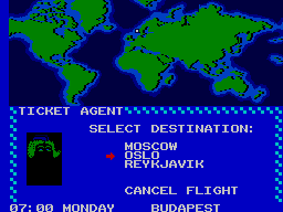 Mapa mundial de Master System amb Moscou, Oslo i Reykjavík com a possibles vols des de Budapest.