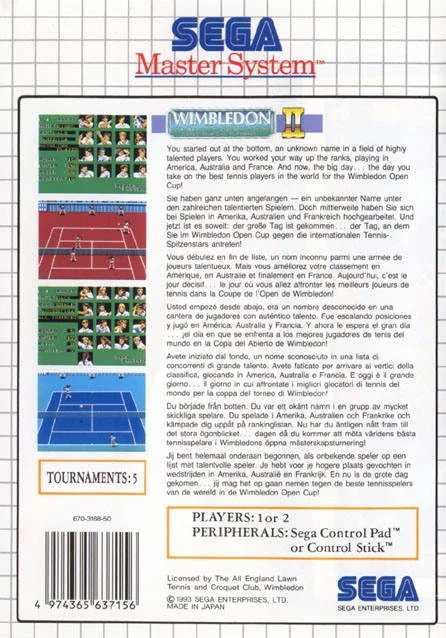 Contraportada europea de Wimbledon II per a Sega Master System amb textos multilingües i captures del joc.