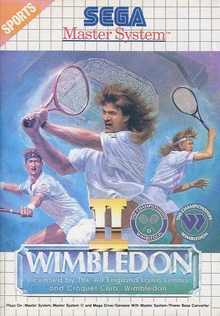 Portada frontal europea de Wimbledon II per a Sega Master System amb tres tennistes i el trofeu.