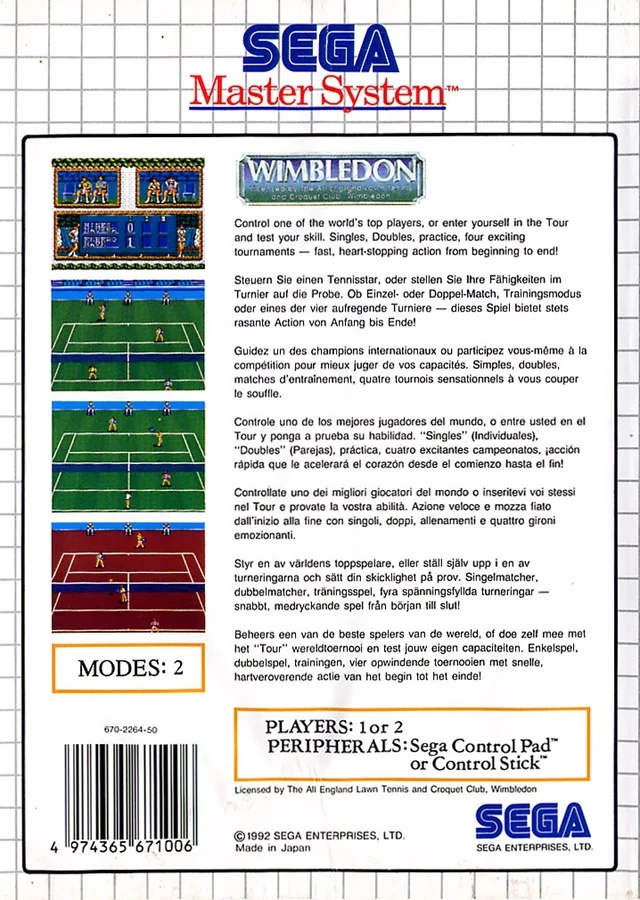Contraportada europea de Wimbledon per a Sega Master System, amb textos multilingües i quatre captures.