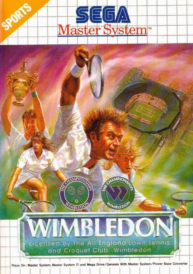 Portada europea de Wimbledon per a Sega Master System, amb tennistes, un trofeu i la pista central.