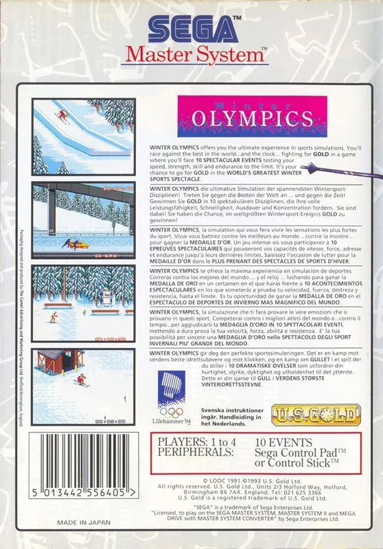 Contraportada europea de Winter Olympics per a Sega Master System, amb textos multilingües i quatre captures del joc.