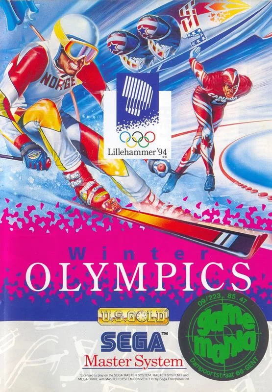 Portada europea de Winter Olympics per a Sega Master System, amb un esquiador, un bobsleigh i jugadors d’hoquei.