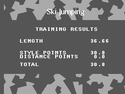 Resultats d’entrenament del salt d’esquí amb longitud, estil i puntuació total.