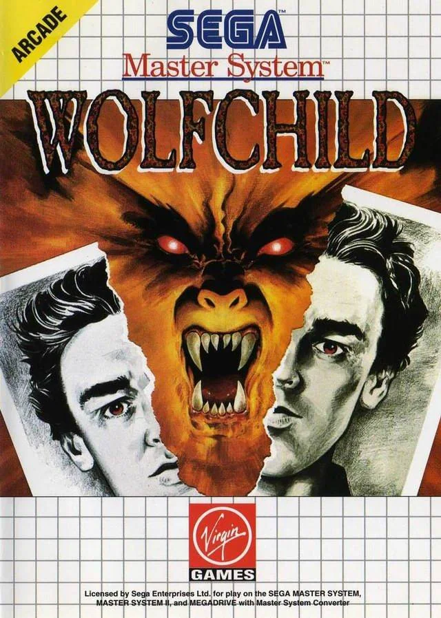 Portada europea de Wolfchild per a Sega Master System, amb un llop entre dos rostres humans.