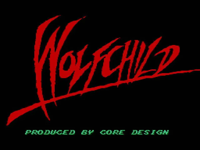 Pantalla inicial de Wolfchild amb el logotip vermell i el text Produced by Core Design.