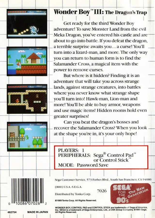 Contraportada nord-americana de Wonder Boy III: The Dragon's Trap amb quatre captures i text en anglès.