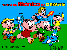 Pantalla de títol de Turma da Mônica em O Resgate amb diversos personatges sobre un fons blau.