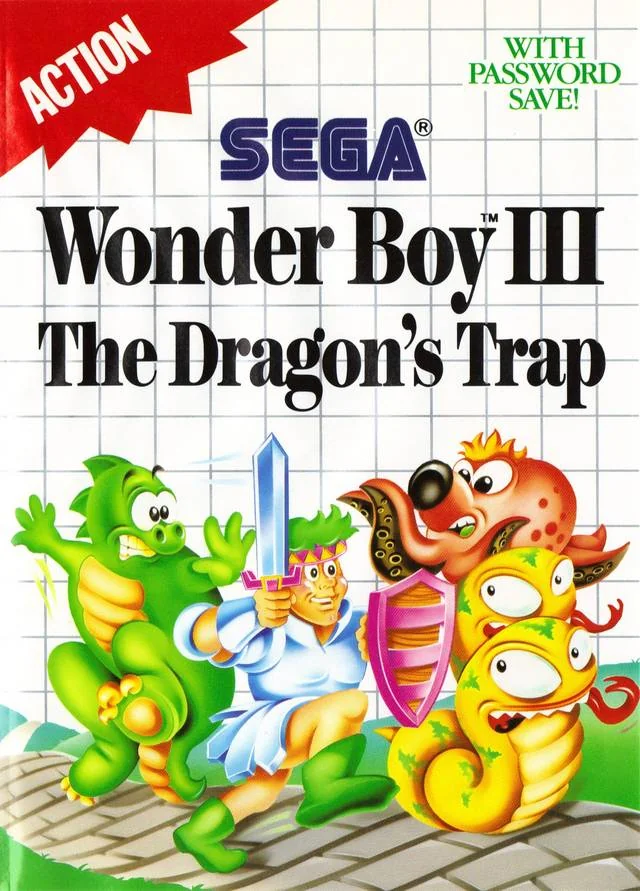 Portada nord-americana de Wonder Boy III: The Dragon's Trap amb Wonder Boy entre criatures fantàstiques.