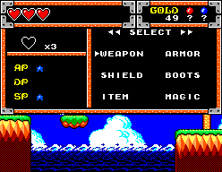Menú d’estat de Wonder Boy in Monster World amb arma, armadura, escut, botes, objectes i màgia.