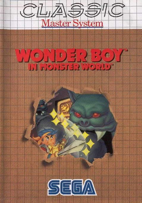 Portada de la reedició Classic europea de Wonder Boy in Monster World, amb Shion i dos monstres sobre una quadrícula marró.