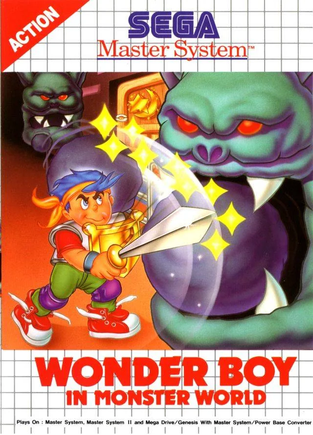Portada europea de Wonder Boy in Monster World per a Sega Master System, amb Shion atacant un monstre verd.