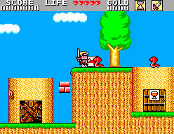 Wonder Boy combat els primers enemics en un tram exterior amb plataformes i una serp.