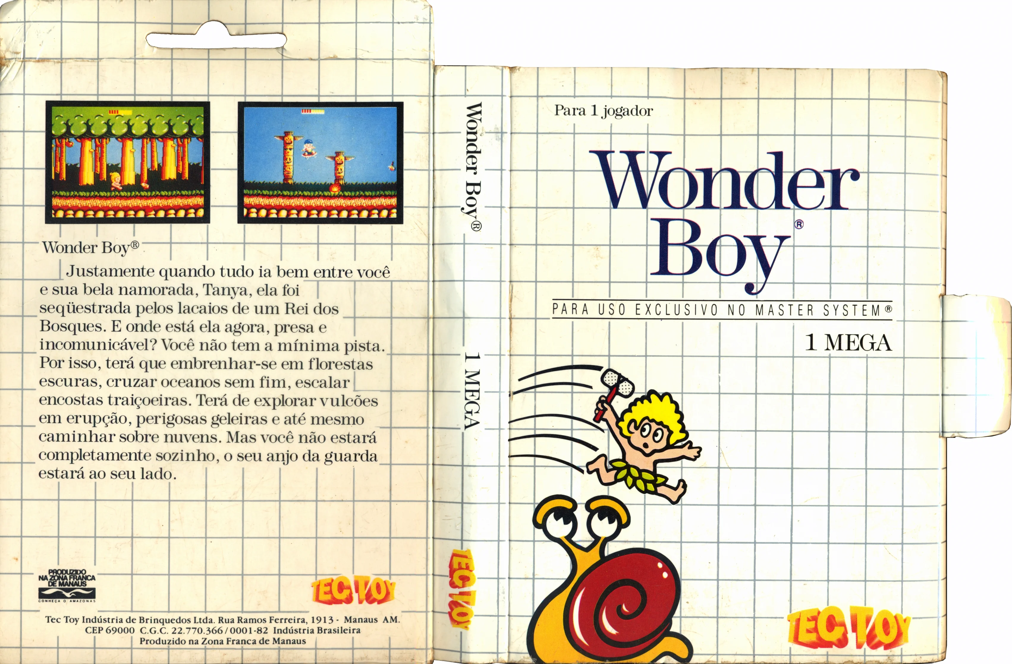 Caràtula brasilera desplegada de Wonder Boy per a Master System, amb textos en portuguès i la marca TecToy.
