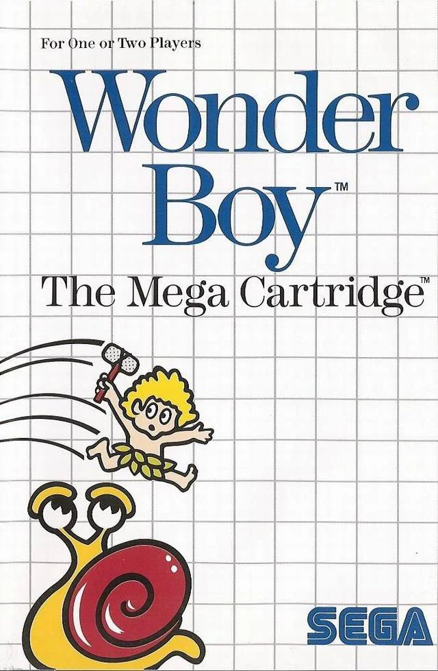 Portada europea de Wonder Boy per a Sega Master System, amb Tom-Tom saltant sobre un cargol.