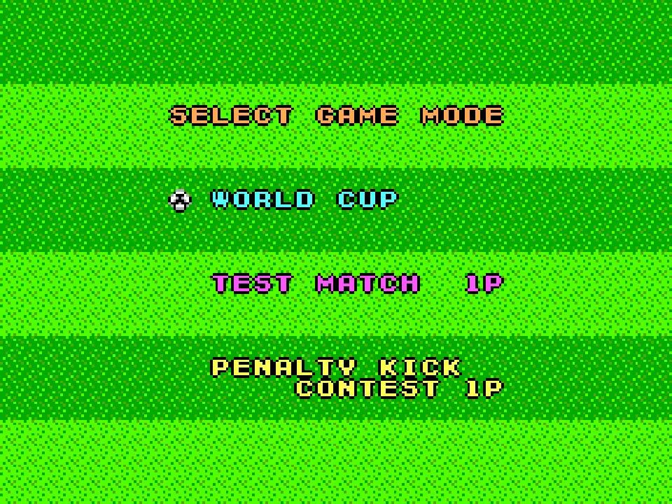 Menú de World Cup Italia '90 amb World Cup, Test Match i Penalty Kick Contest.