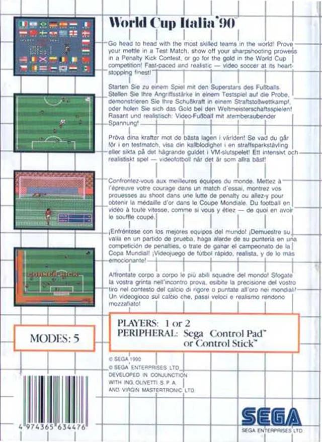 Contraportada europea de World Cup Italia '90 per a Sega Master System, amb textos multilingües i quatre captures.