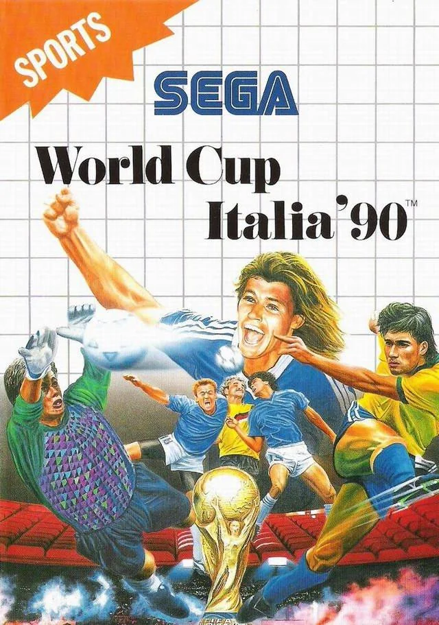 Portada europea de World Cup Italia '90 per a Sega Master System, amb futbolistes al voltant de la copa.