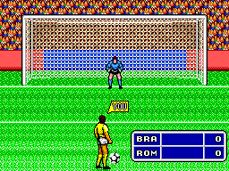 Llançament de penal a World Cup Italia '90 amb el xutador davant la pilota i el porter sota els pals.