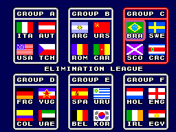Pantalla de grups de World Cup Italia '90 amb sis grups de seleccions i el grup C ressaltat.