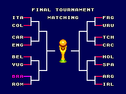 Quadre final de World Cup Italia '90 amb setze seleccions i el trofeu al centre.