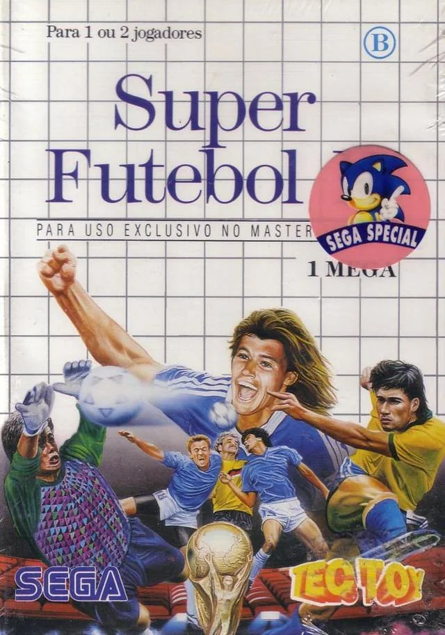 Portada brasilera de Super Futebol II amb el trofeu, futbolistes i els logotips de SEGA i Tectoy.