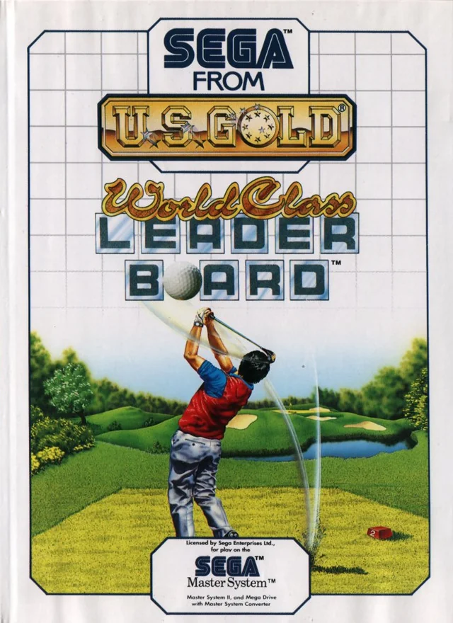 Portada europea de World Class Leader Board per a Sega Master System, amb un golfista completant el cop.