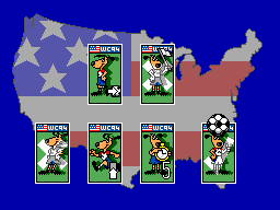 Pantalla d’opcions de World Cup USA '94 amb sis cartes il·lustrades sobre un mapa dels Estats Units.