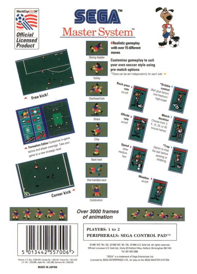 Contracoberta europea de World Cup USA '94 per a Sega Master System, amb captures i opcions de joc.