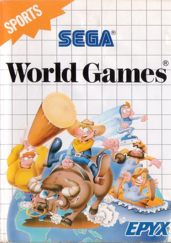 Portada europea de World Games per a Sega Master System, amb diversos esportistes il·lustrats.