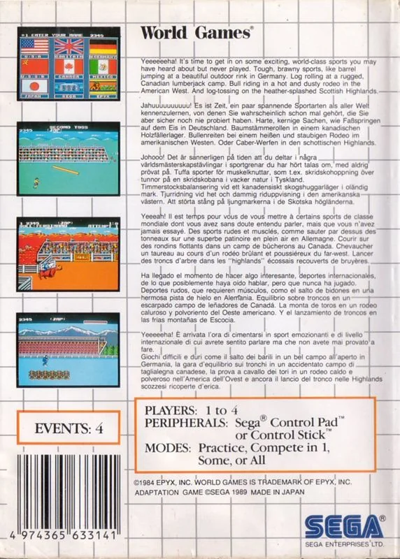Contraportada europea de World Games per a Sega Master System, amb captures i textos multilingües.