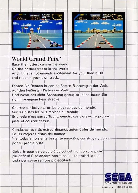 Contraportada europea de World Grand Prix per a Master System, amb dues captures de curses i textos en cinc idiomes.