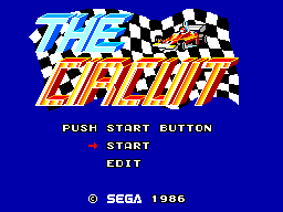 Pantalla de títol japonesa de The Circuit amb un monoplaça, una bandera de quadres i les opcions START i EDIT.